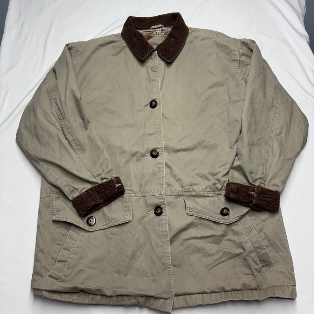 St Johns Bay Mens Tan Barn Jacket Plaid Flannel Lined Corduroy Trim Medium